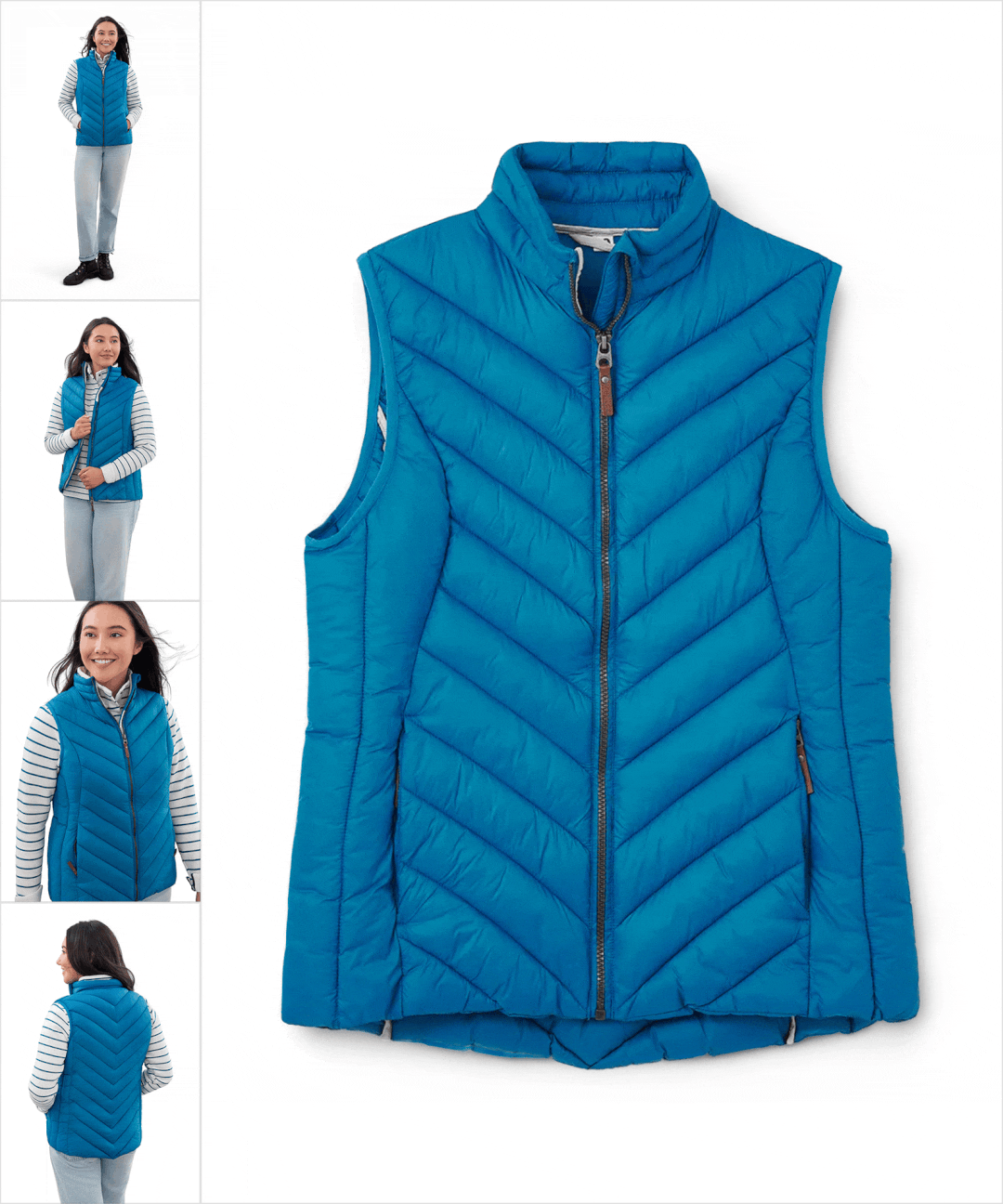 Before and after product image editing of a blue vest, transformed from the original photo into an ecommerce-ready product image