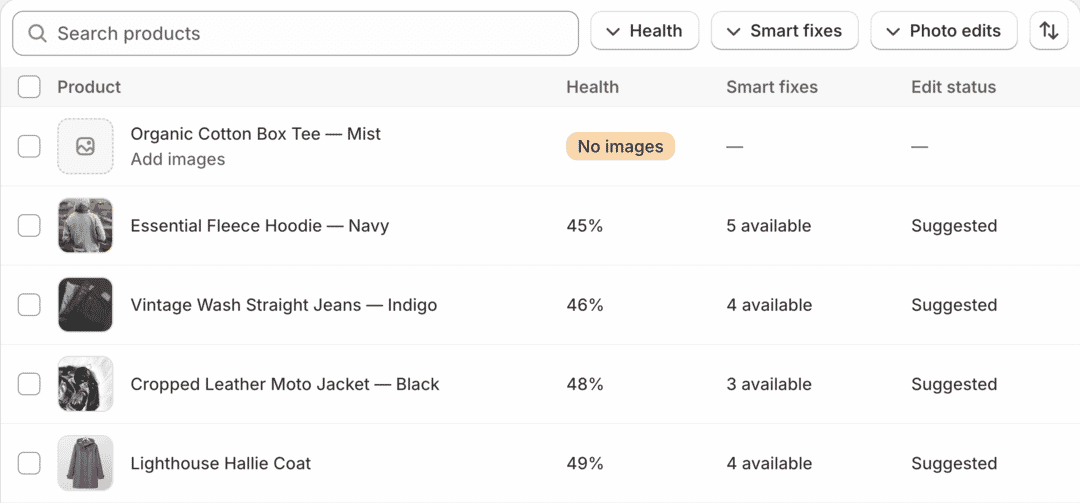 Path Catalog Health audited products list with health scores and smart fixes