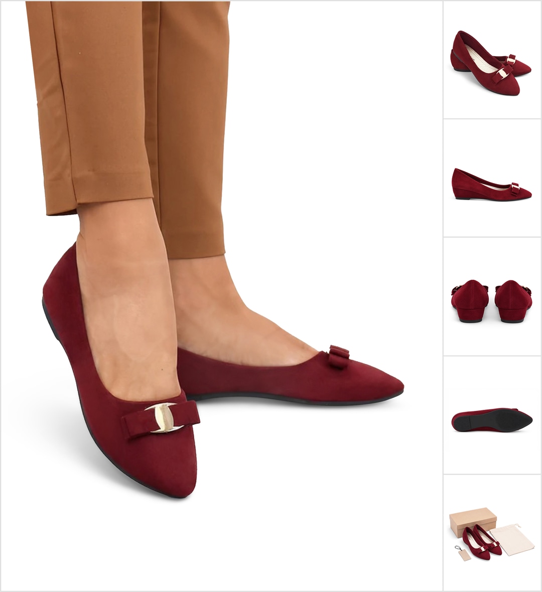 A model wears burgundy pointed-toe ballet flats with gold bow accents and tan trousers against a clean white background. Product thumbnails on the right show the shoes from multiple angles, including a pair, side, rear, sole, and packaging views.