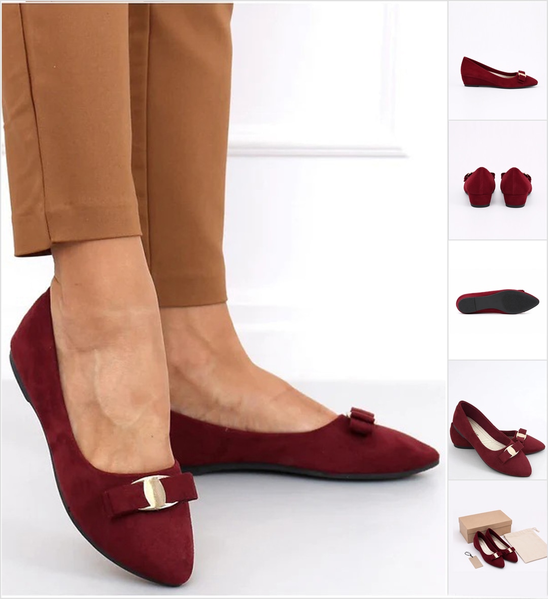 A model wears burgundy pointed-toe ballet flats with gold bow accents and tan trousers. A column of product thumbnails on the right shows the shoes from multiple angles, including side, rear, sole, pair, and packaging views.