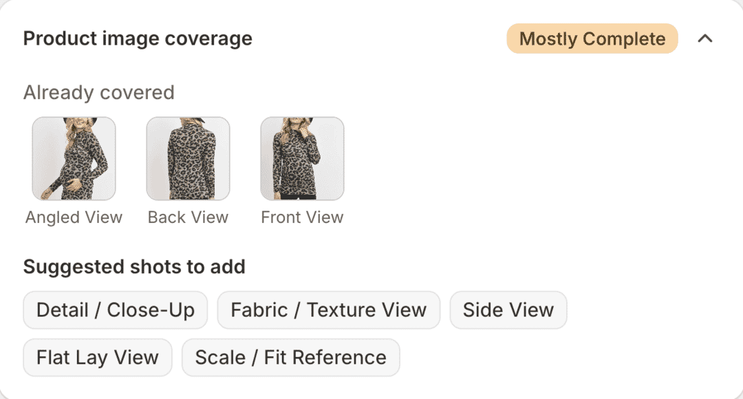 Product image coverage report showing angled, back, and front views of a leopard-print top, with suggested additional shots including close-up, fabric texture, side view, flat lay, and scale or fit reference.