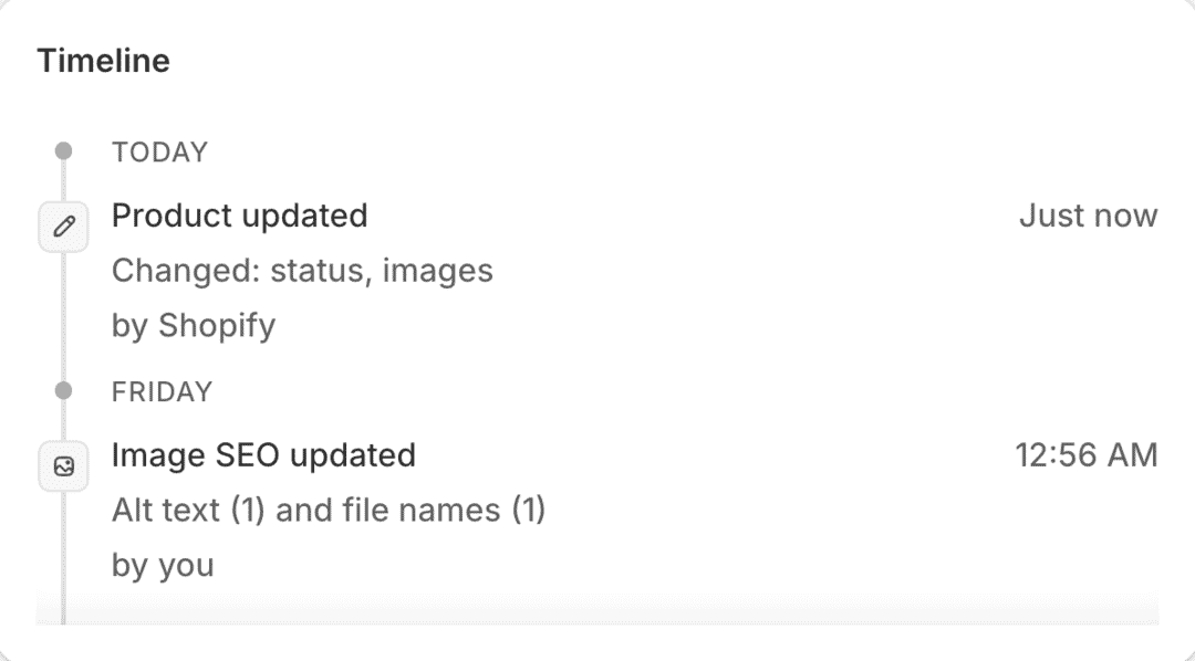 Shopify product Timeline showing product updates and Image SEO changes