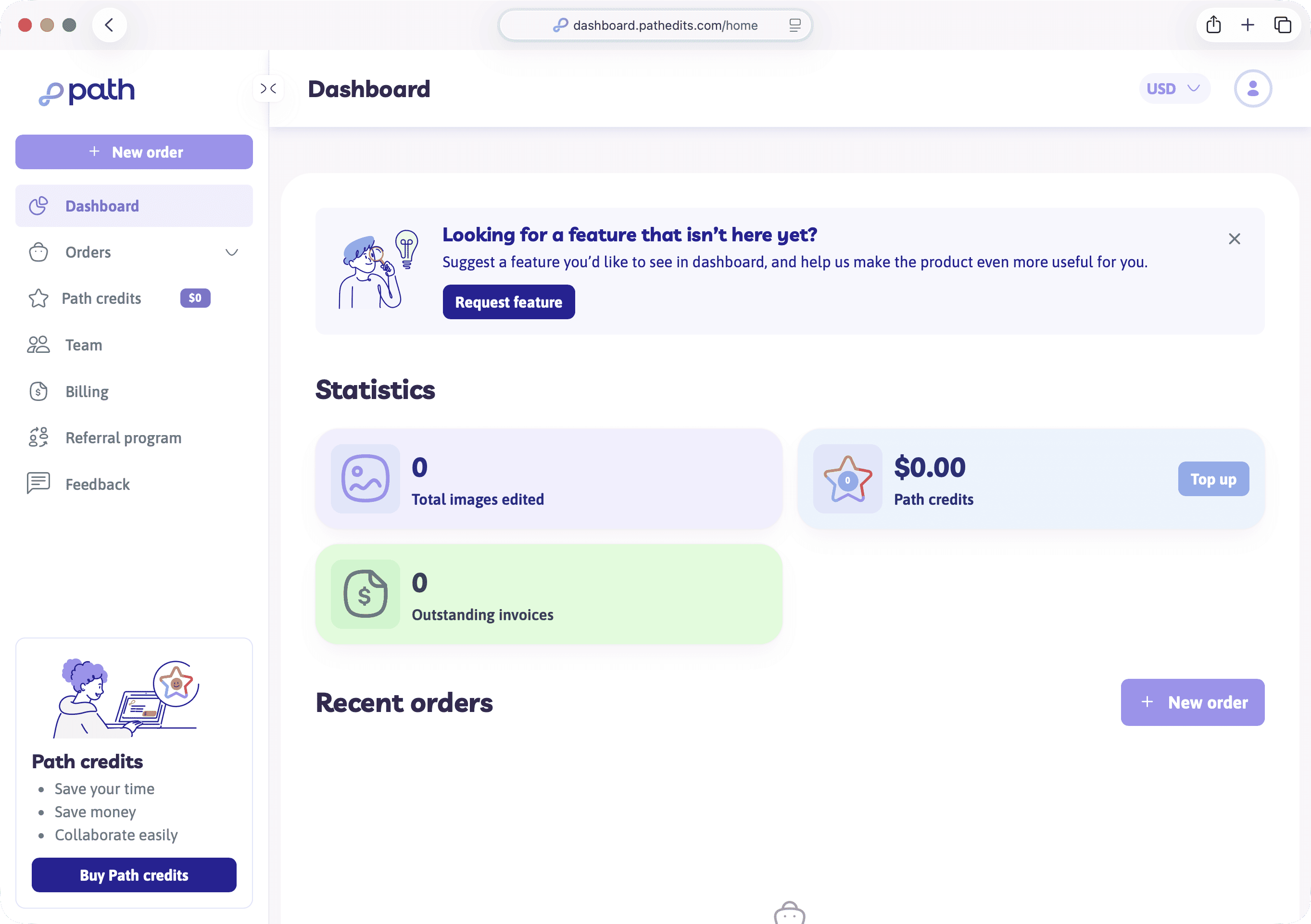 Dashboard with empty orders and the New order button