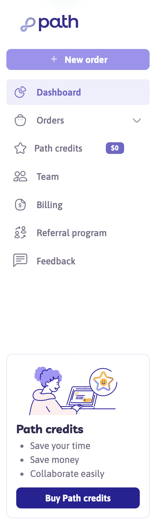Sidebar with Orders, Path credits, and Billing