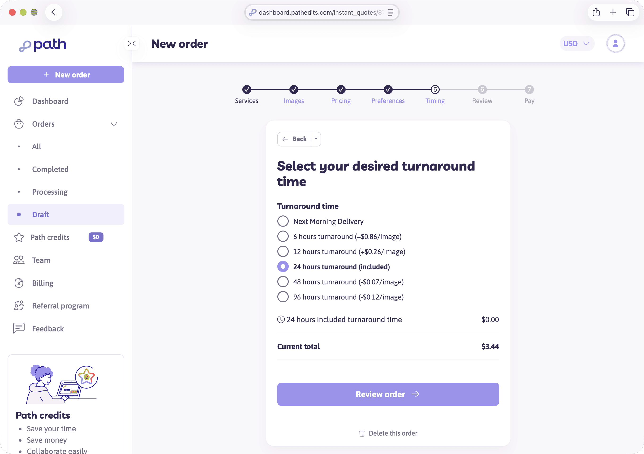 Instant quote turnaround step showing surcharge or discount options