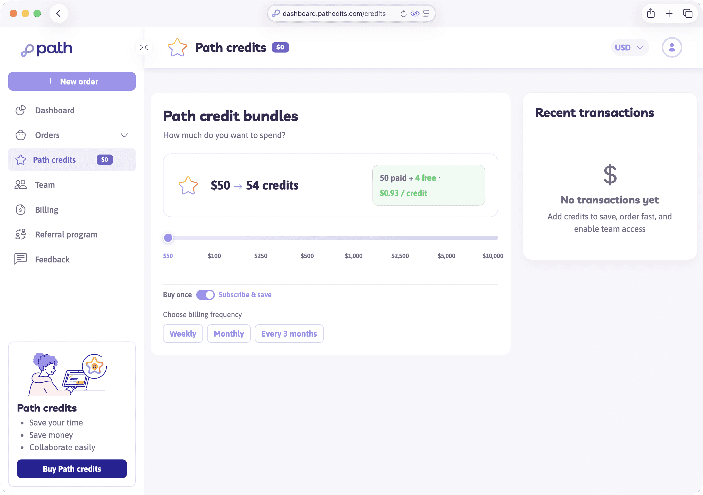 Path credits page with balance and bundle options