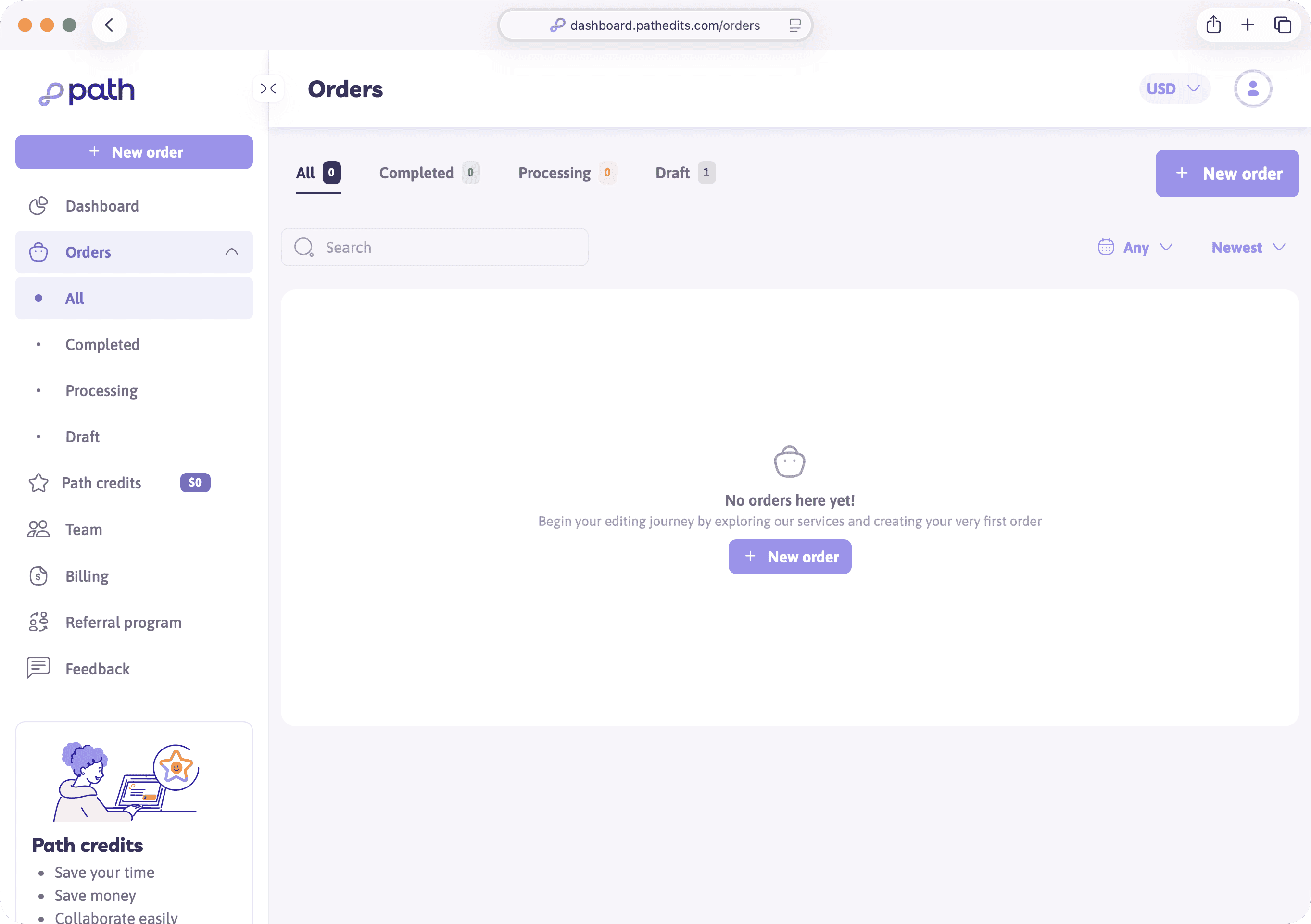 Orders index with Draft / Processing / Completed filters