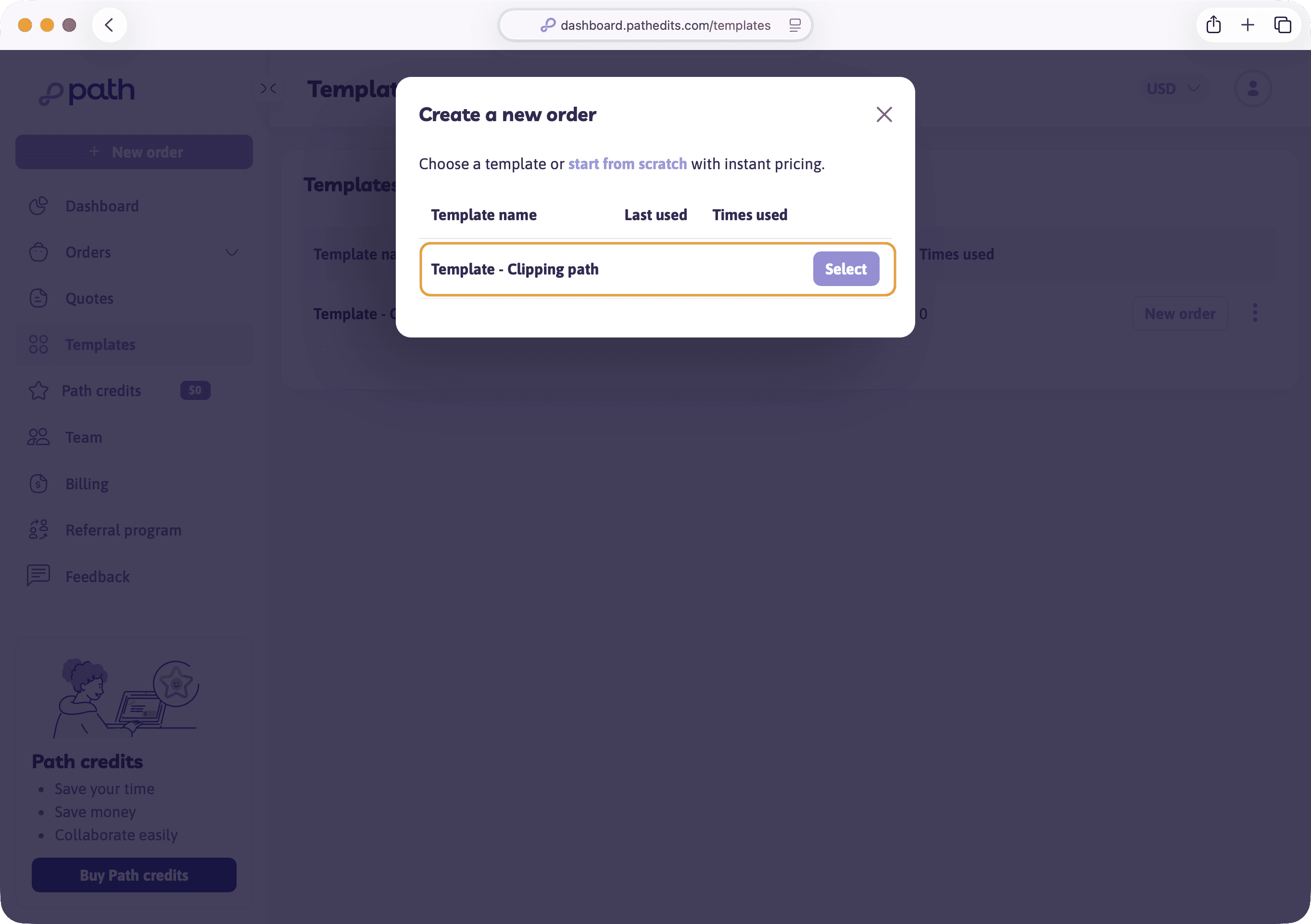 New order screen offering templates vs start from scratch