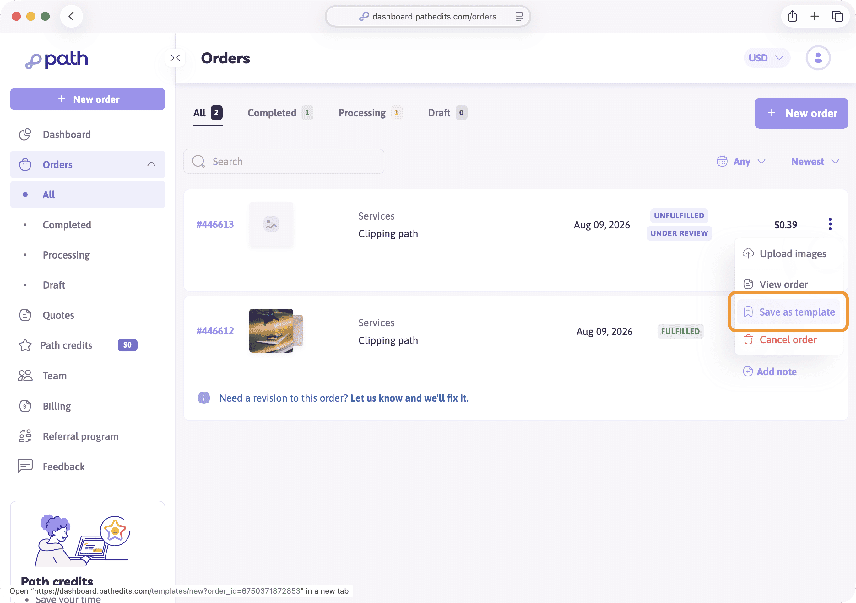 Save as template action on a completed order