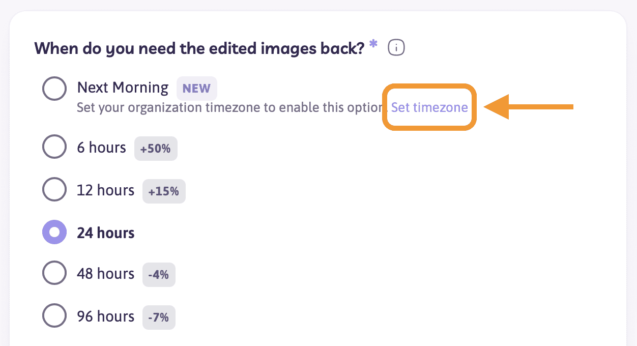 Next Morning option with Set timezone helper text