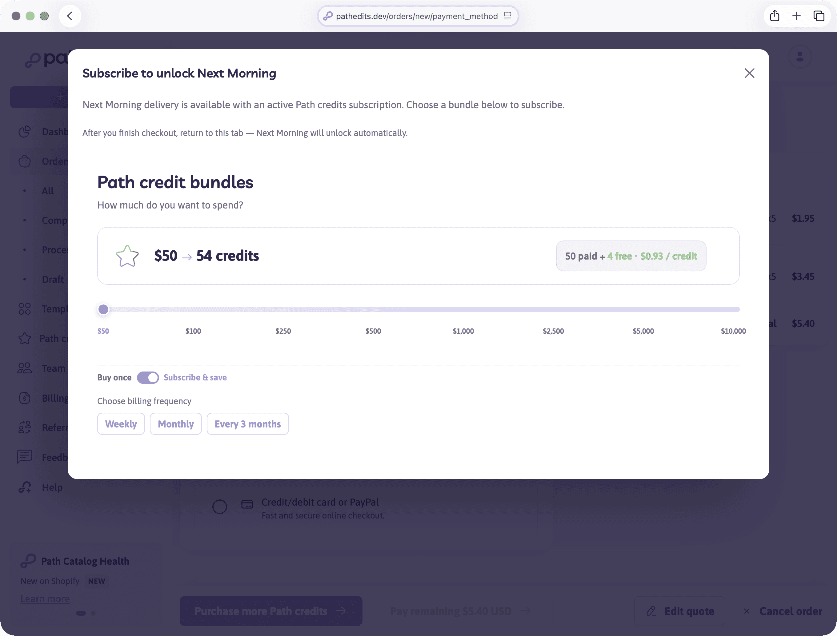 Subscribe modal to unlock Next Morning with Path credits