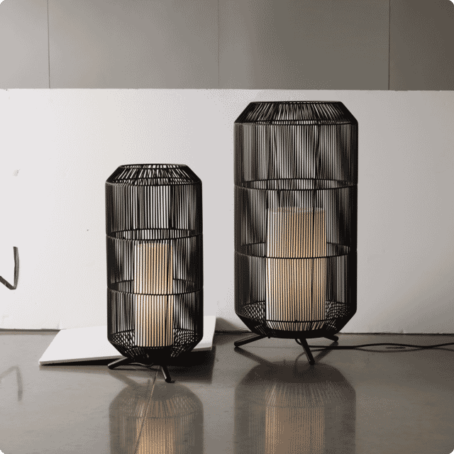 Original product photo of two illuminated black wire table lamps in a studio setting before background removal.