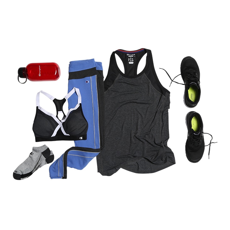 Fitness apparel and accessories including tank top, leggings, shoes, and water bottle, refined using complex clipping path techniques.