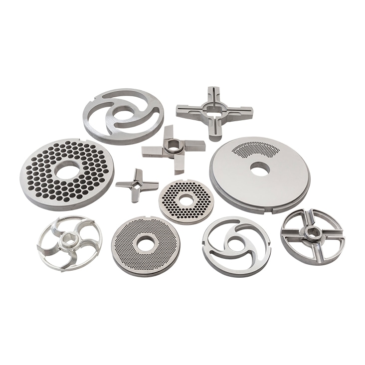 Various stainless steel parts and grinding plates arranged, refined using complex clipping path for precise detailing.