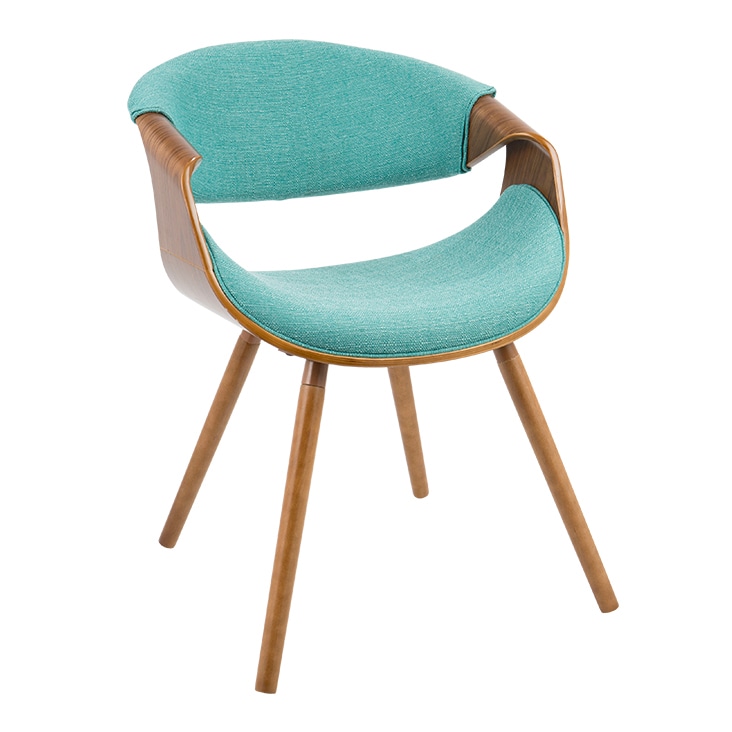 Stylish turquoise chair with wooden frame and legs, refined using medium clipping path for a clean presentation.