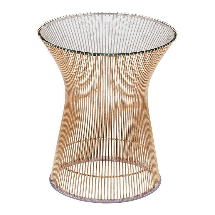 Stylish gold wireframe table with a glass top, edited using complex clipping path for precise detailing.