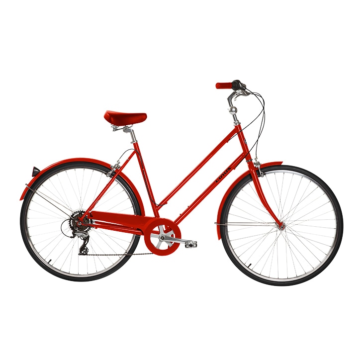 Classic red bicycle with detailed frame and components, edited using complex clipping path for clean presentation.