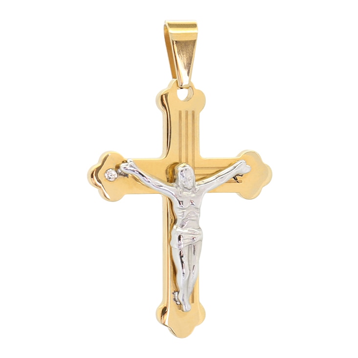 Gold and silver cross pendant featuring Jesus figure, refined with clipping path for a sharp and clean presentation.