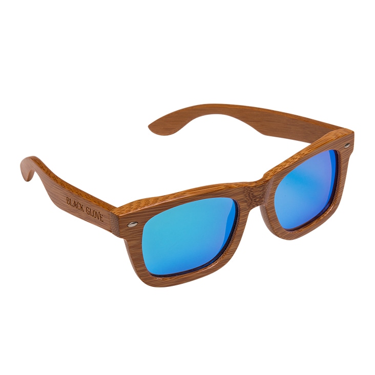 Stylish bamboo sunglasses with blue reflective lenses, edited using clipping path for a clean look.