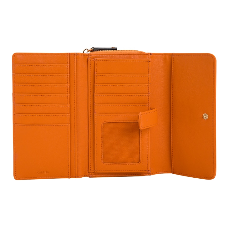 Open orange wallet displaying card slots and compartments, edited using a simple clipping path.