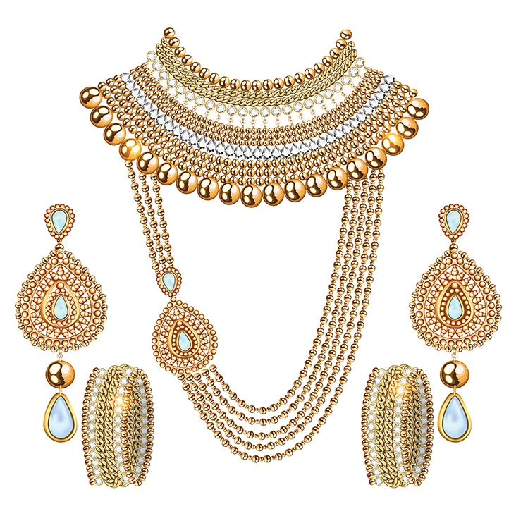 Intricate gold jewelry set with necklace, earrings, and bangles, refined using super complex clipping path for precise detailing.