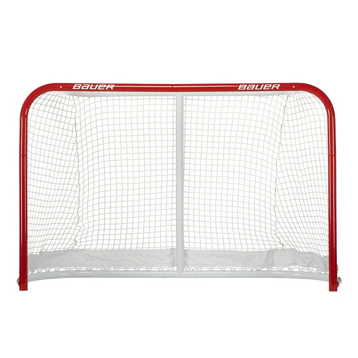 Red and white hockey goal net with intricate mesh detailing, edited using super complex clipping path for clean isolation.
