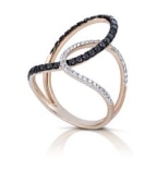 Elegant gold ring featuring intertwined swirls adorned with black and white diamonds.