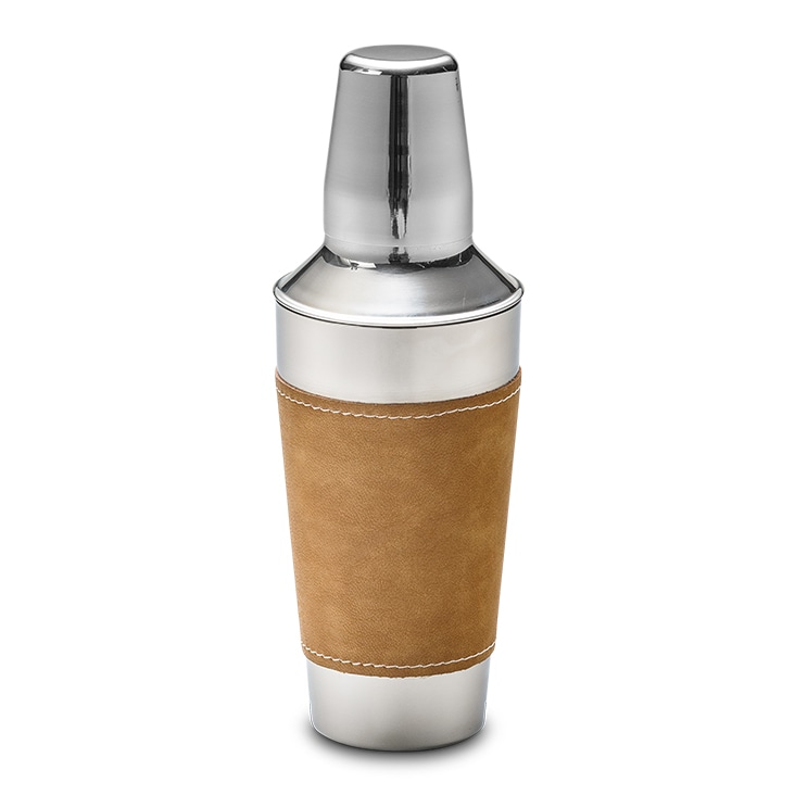 A stainless steel cocktail shaker with a leather wrap, enhanced with a realistic basic natural shadow for professional presentation.