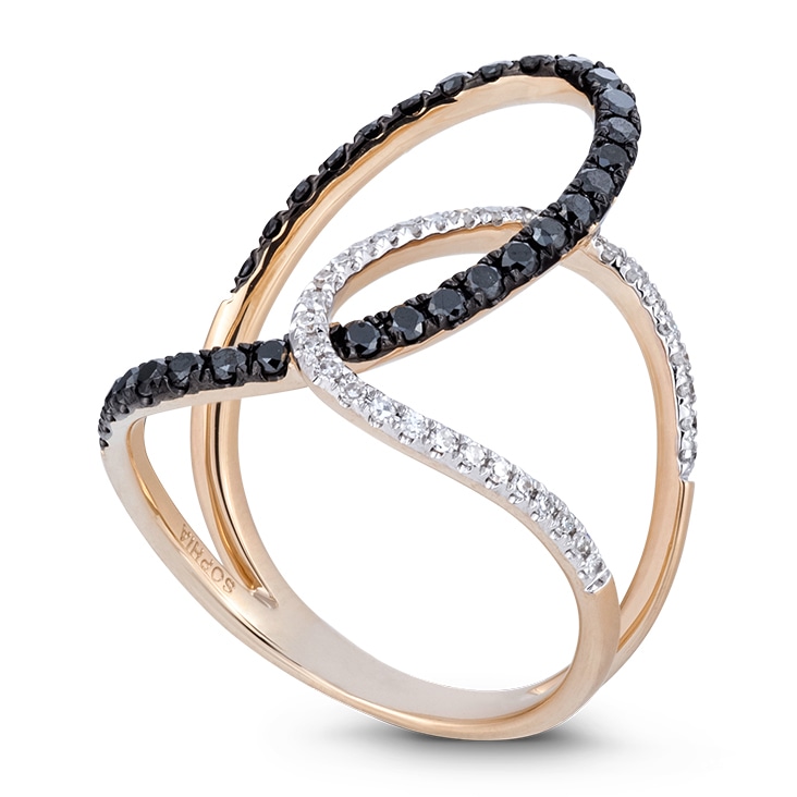 A gold ring with black and white diamonds, enhanced with a realistic natural shadow for an elegant presentation.