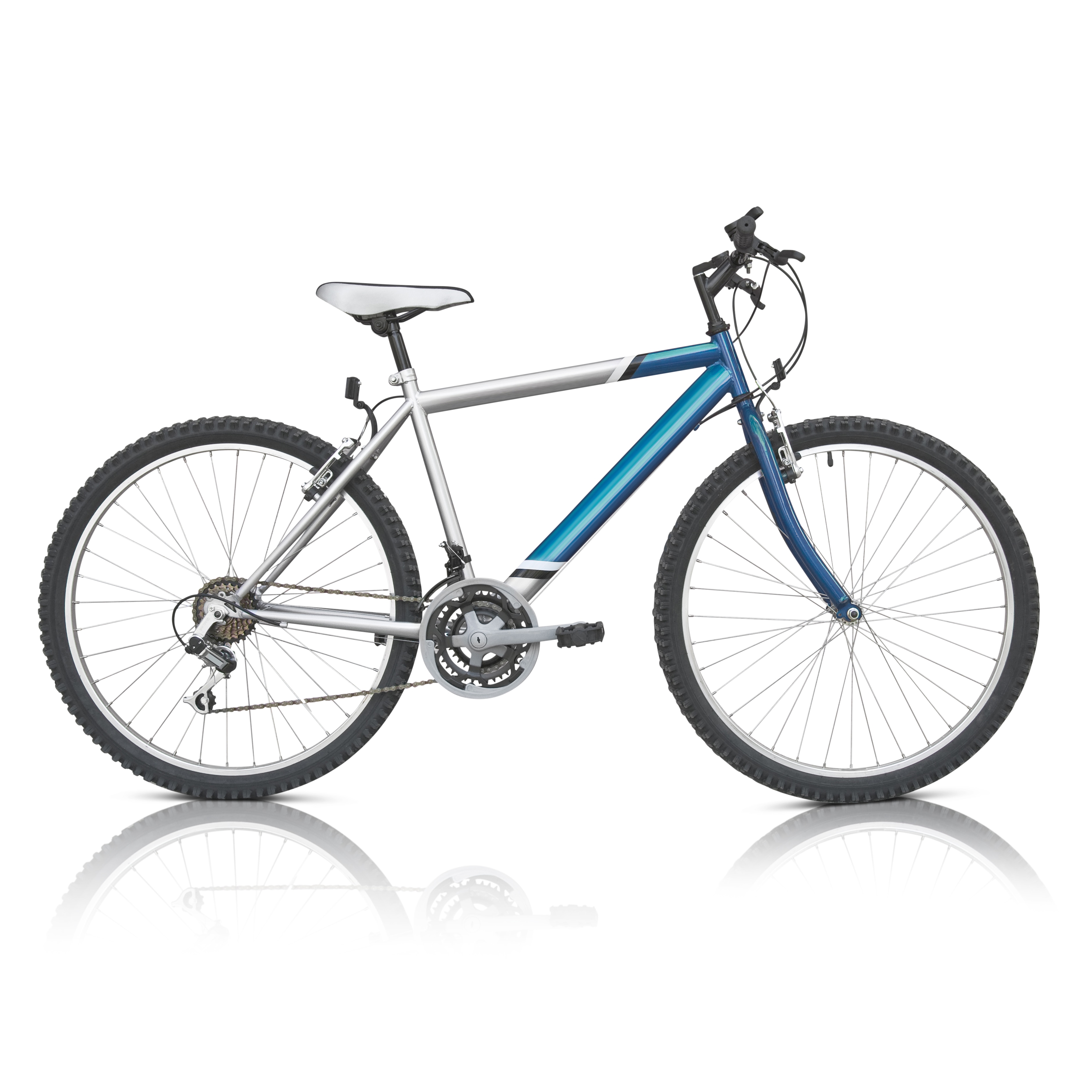 Silver and blue bicycle enhanced with a clean reflection shadow on a white background.