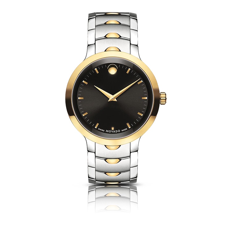 A gold and silver wristwatch displayed with before-and-after mirror effect enhancements, highlighting reflection editing services.