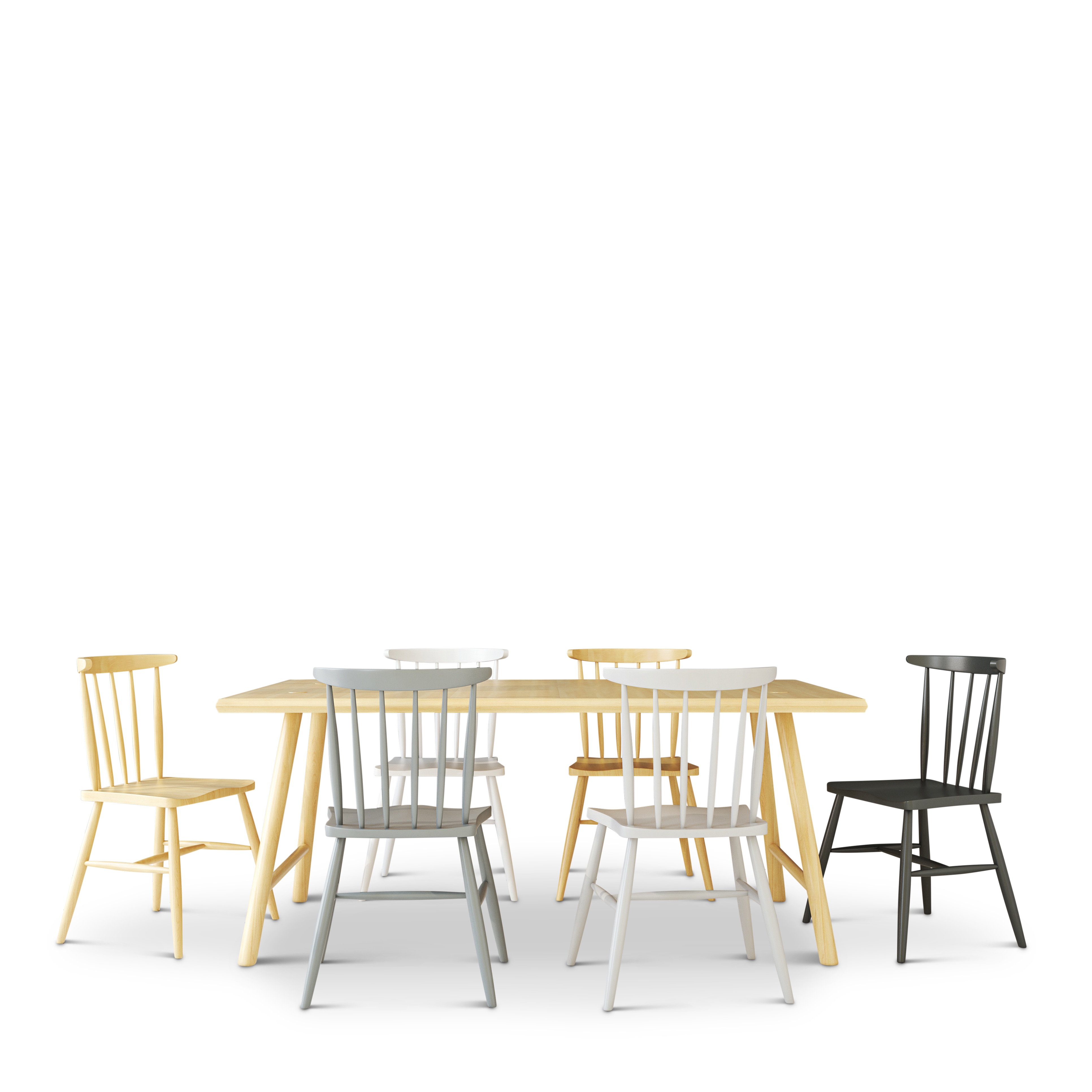 Wooden dining table with six chairs in varied colors, highlighted with complex natural shadows.