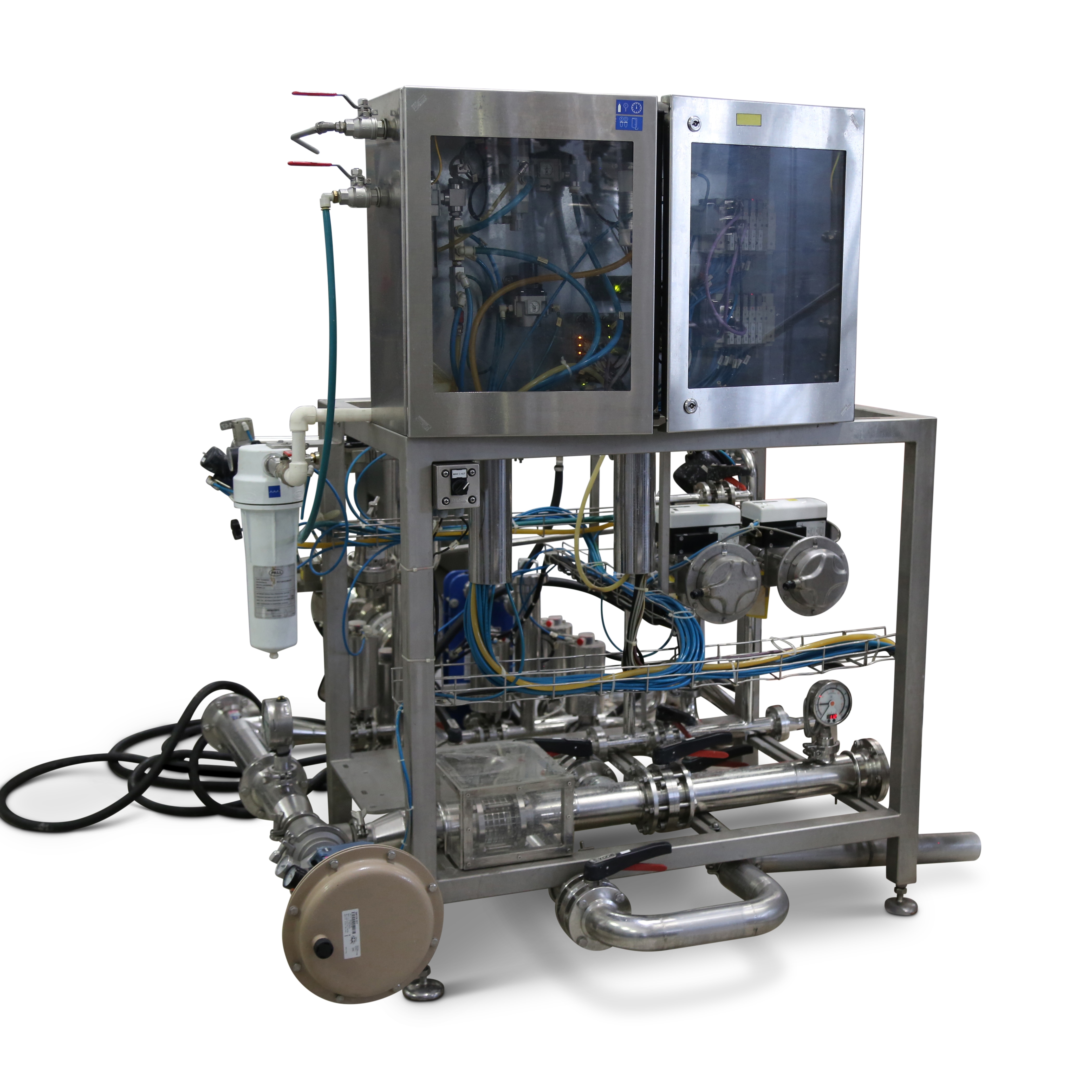 Stainless steel industrial equipment featuring intricate wiring and piping, enhanced by detailed complex natural shadows.