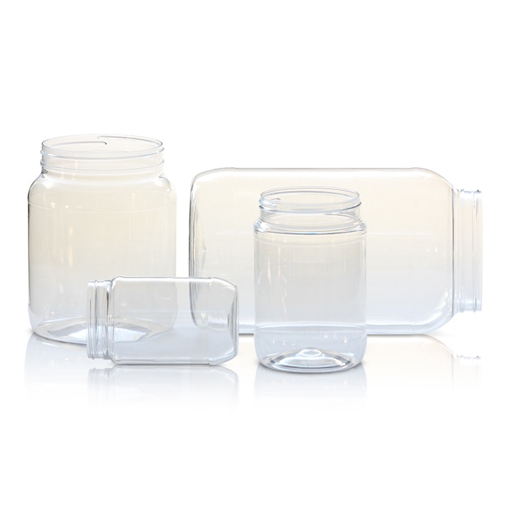 Set of transparent plastic jars showcasing a detailed complex reflection shadow on a white background.