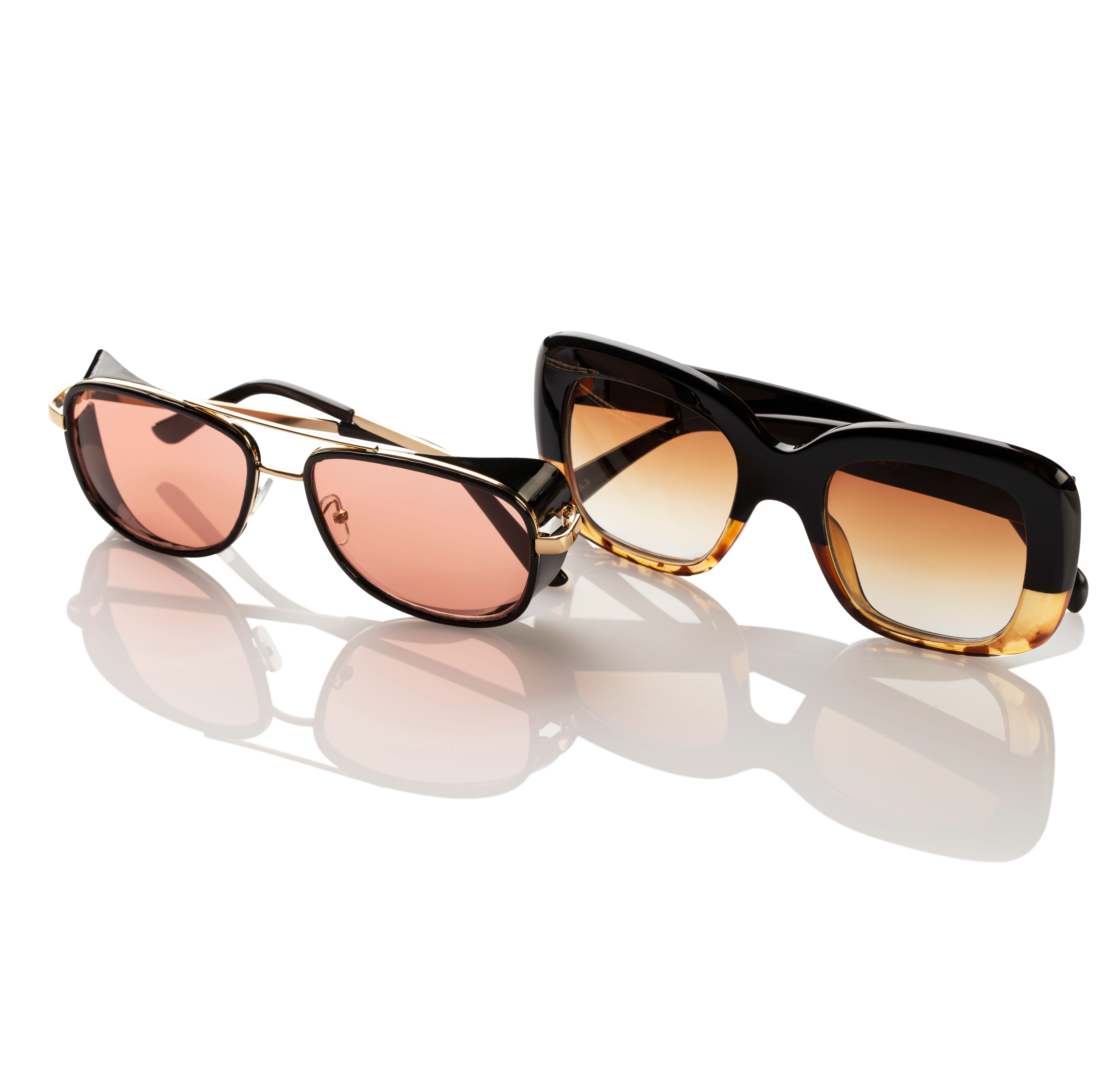 Two pairs of sunglasses with natural cast shadows preserved for a realistic and professional product presentation.