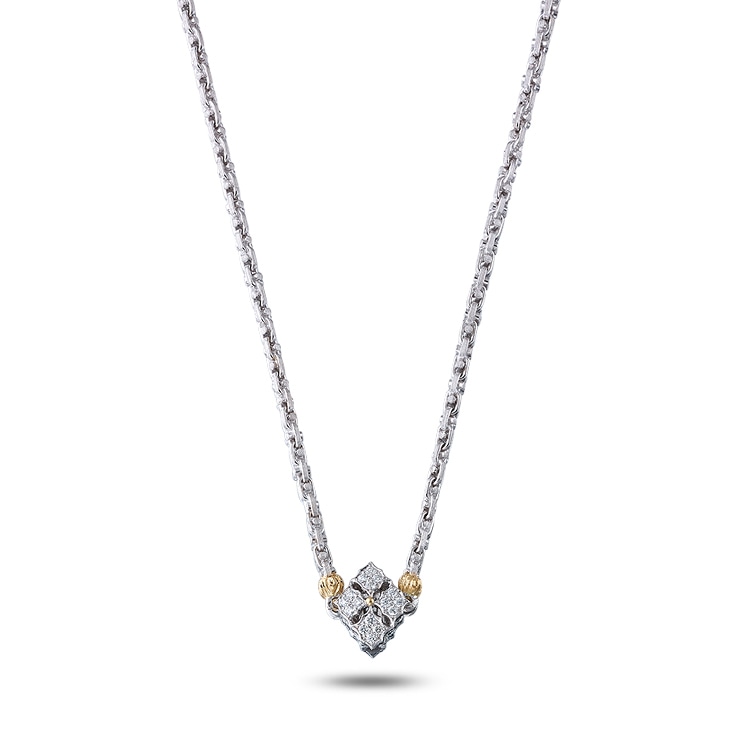 A diamond necklace with a floating shadow effect, creating the illusion of it hovering above a surface.