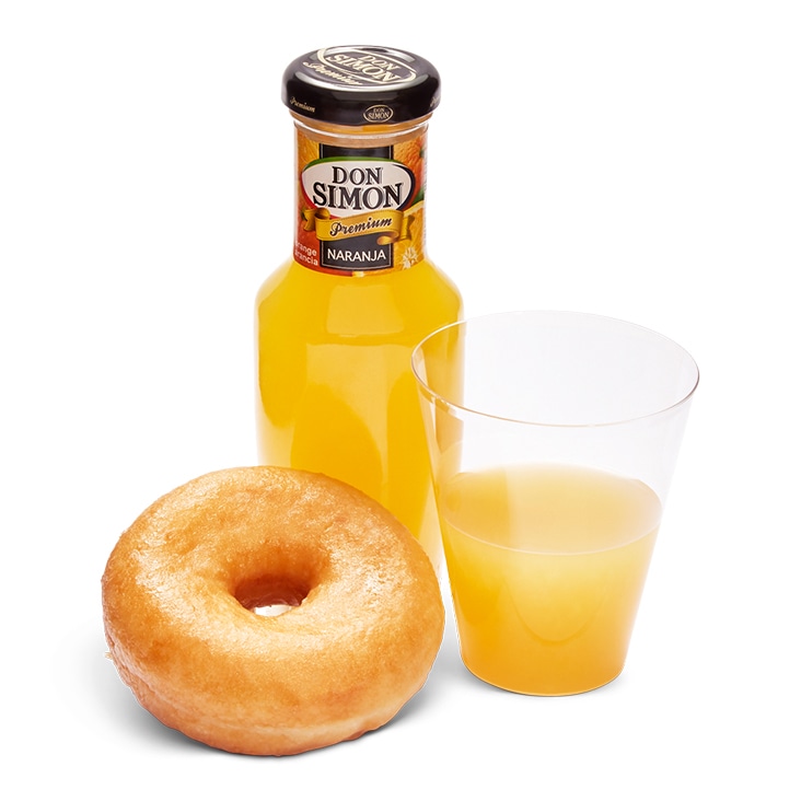 A bottle of orange juice, a glass, and a donut enhanced with a realistic natural shadow for a professional presentation.