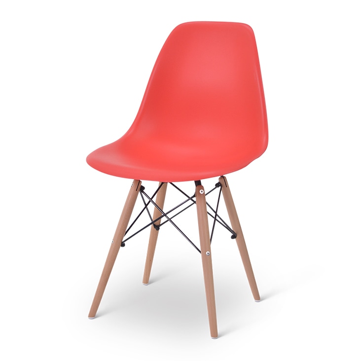 A modern red chair with wooden legs, enhanced with a realistic shadow effect by Path Edits’ shadow services.