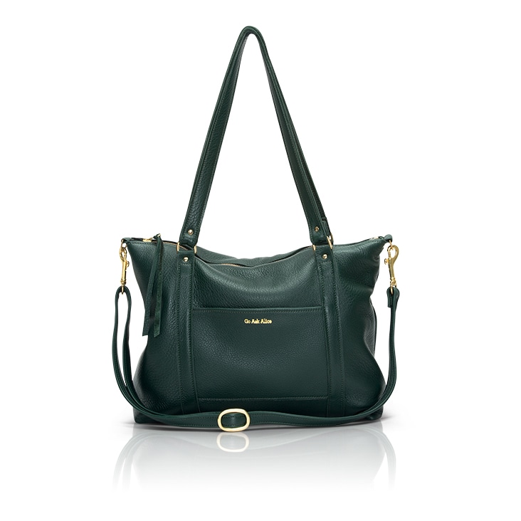A dark green leather handbag with gold accents, enhanced with a reflection shadow for a premium product display.