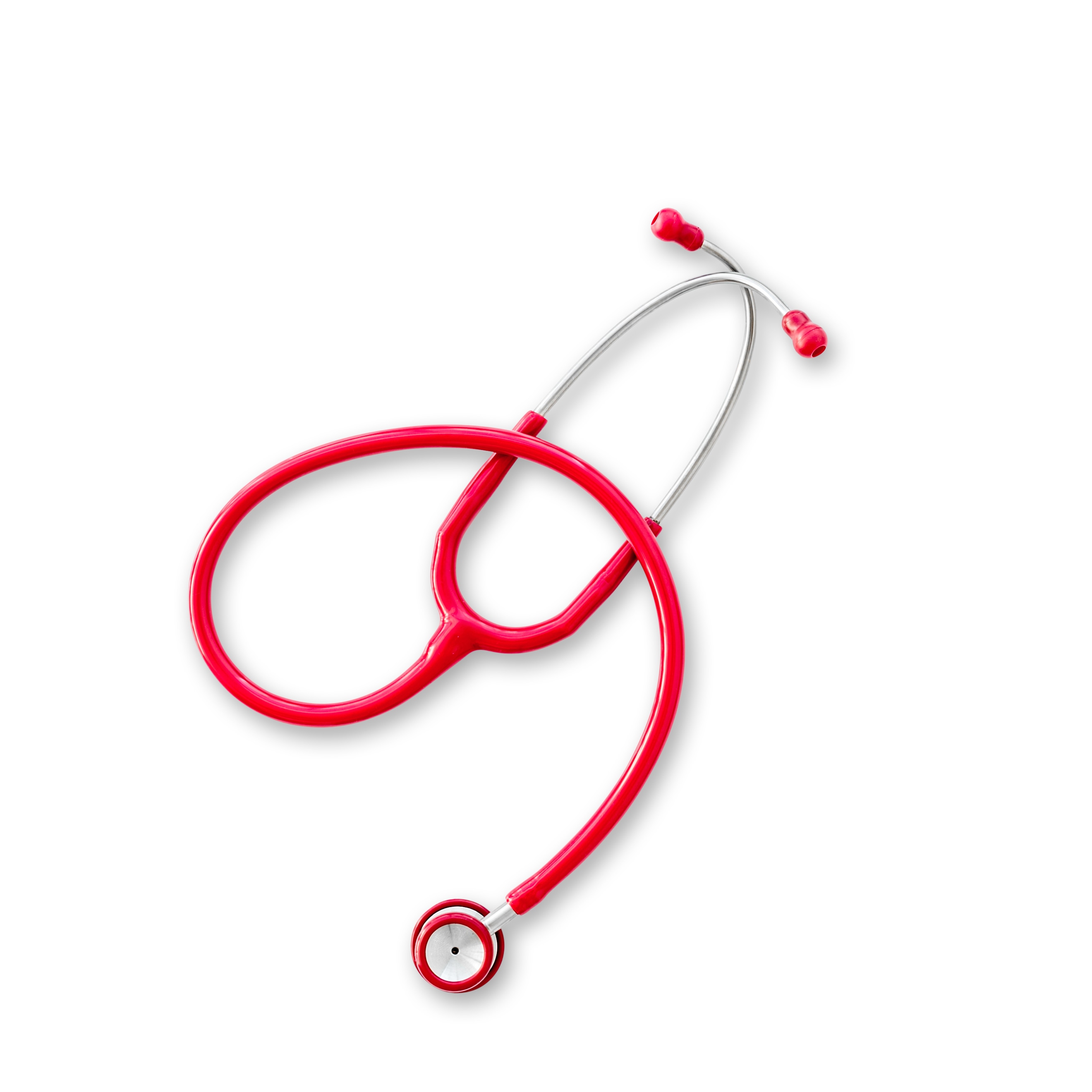 A red stethoscope with a subtle drop shadow effect, adding depth for a professional product presentation.