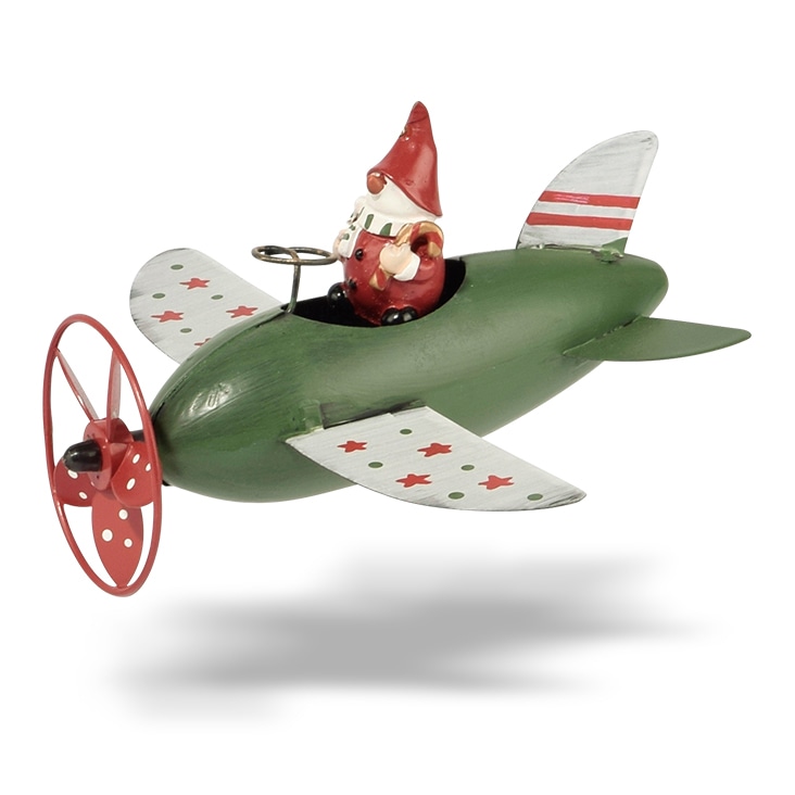 A green toy airplane with a Santa figure, enhanced with a floating shadow effect to create a hovering illusion.