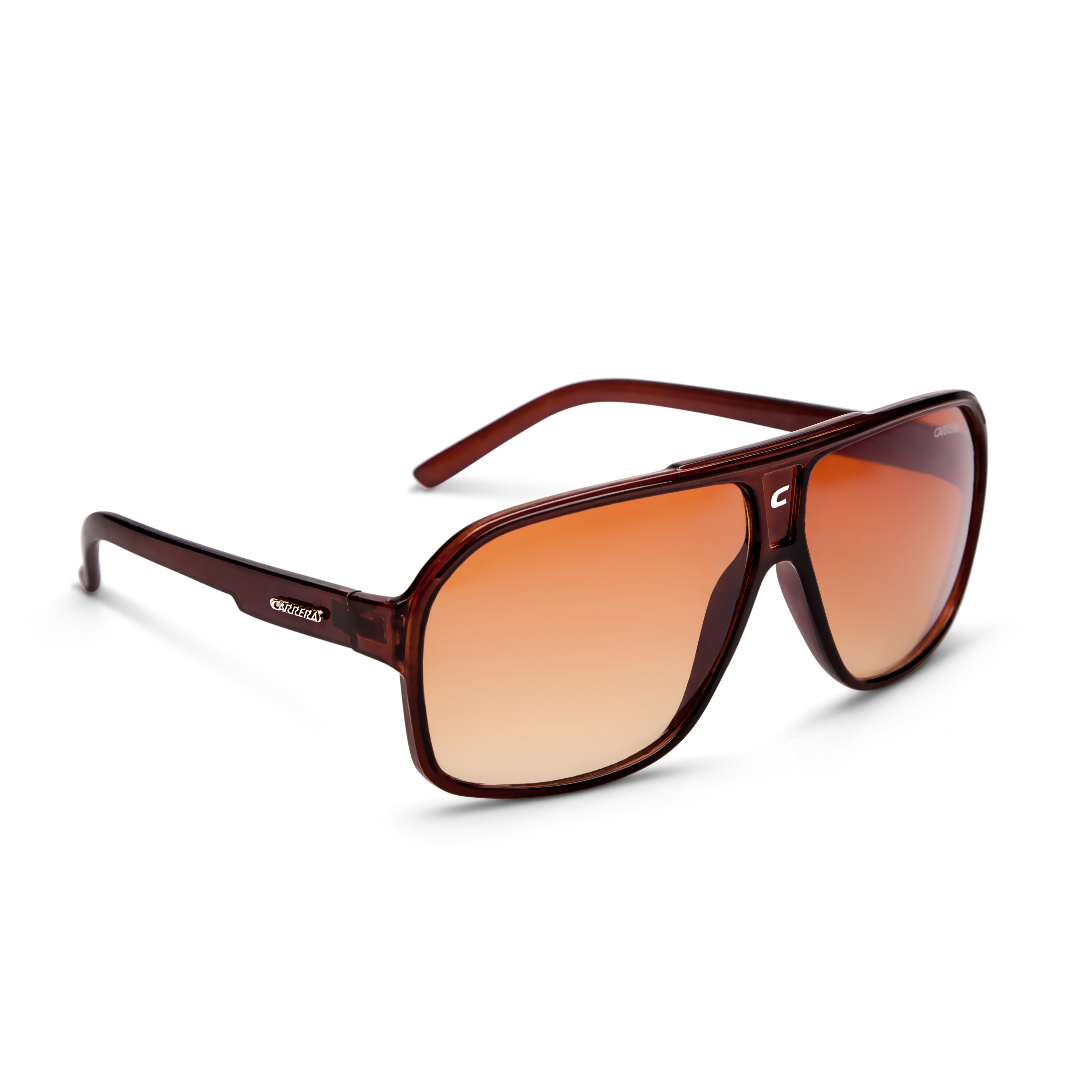 Brown sunglasses with gradient orange lenses, enhanced with a realistic natural shadow for professional presentation.