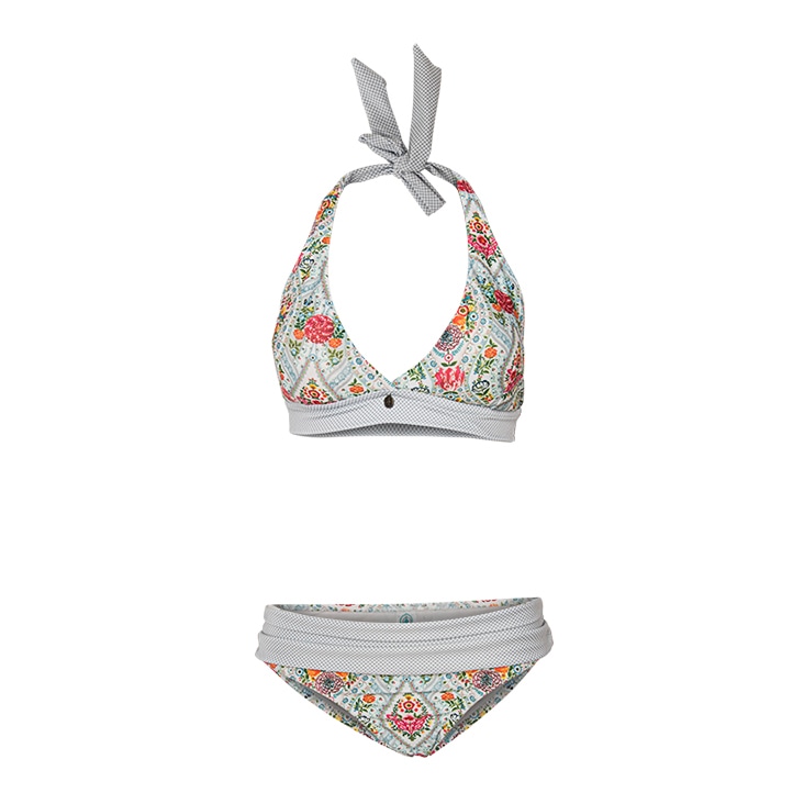 Floral patterned bikini enhanced with complex ghost mannequin editing, showcasing detailed fit and design for ecommerce presentation.