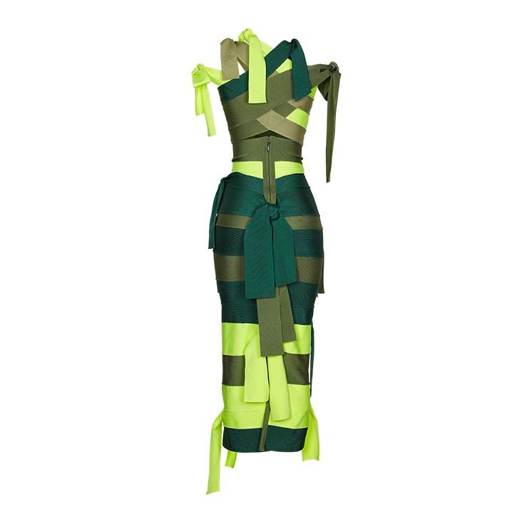 Green ribbon dress with ghost mannequin editing, showcasing intricate layered design and vibrant color for ecommerce.