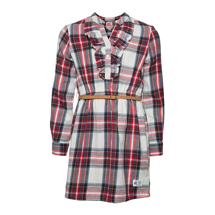 Plaid dress refined using simple ghost mannequin editing, showcasing ruffled neckline and belted waist in detail.