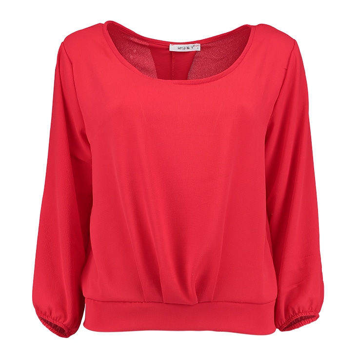 Red blouse refined using simple ghost mannequin editing, showcasing a clean and professional product display.