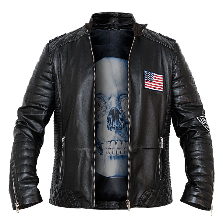 Men’s black leather jacket with quilted details and an American flag patch, displayed before ghost mannequin edit.