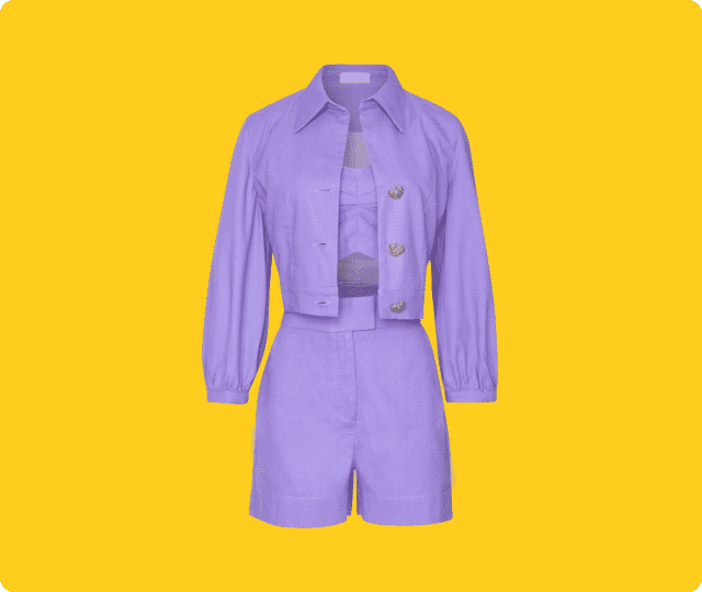 Purple three-piece outfit displayed with ghost mannequin editing on a bright yellow background.