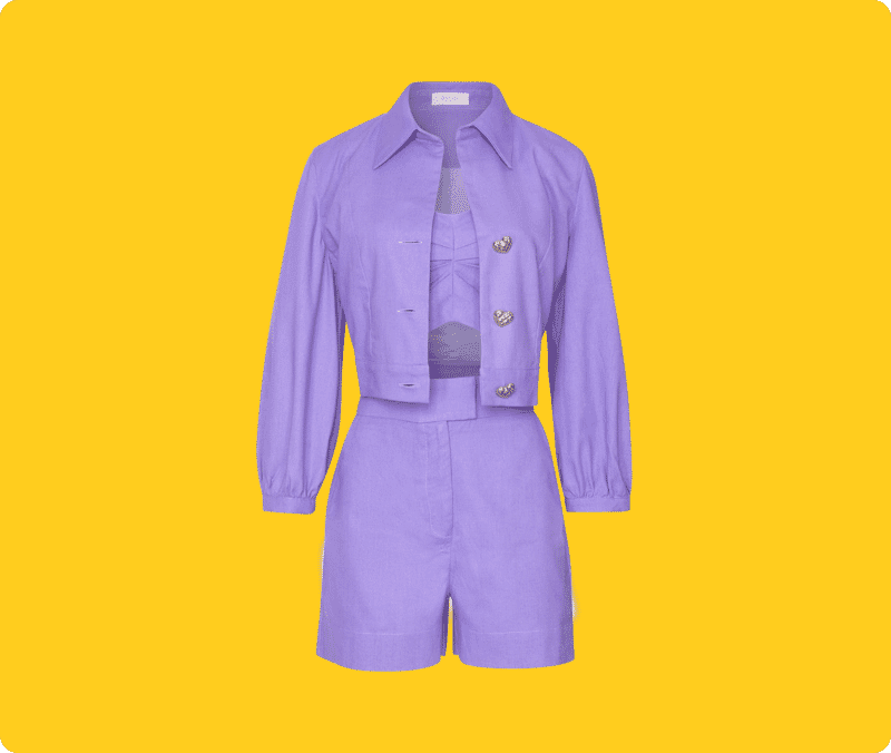 Purple three-piece outfit displayed with ghost mannequin editing on a bright yellow background for apparel ecommerce.