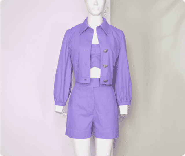 Original mannequin photo of a purple jacket, crop top, and shorts set before ghost mannequin editing.